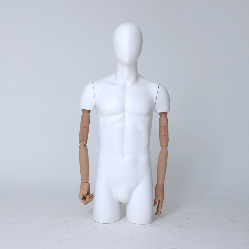 Male Torso Mannequin with Wooden Arms, Removable Arms - Matte White CT-M03WA